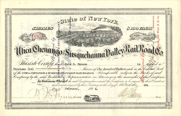 Utica, Chenango and Susquehanna Valley Railroad Co. - Stock Certificate